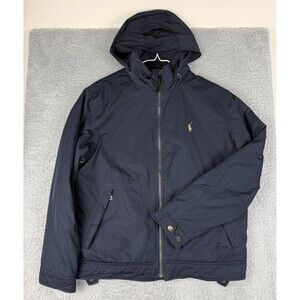 VTG Polo Ralph Lauren Men's Jacket M Navy Fleece Lined Full Zip Hidden Hood